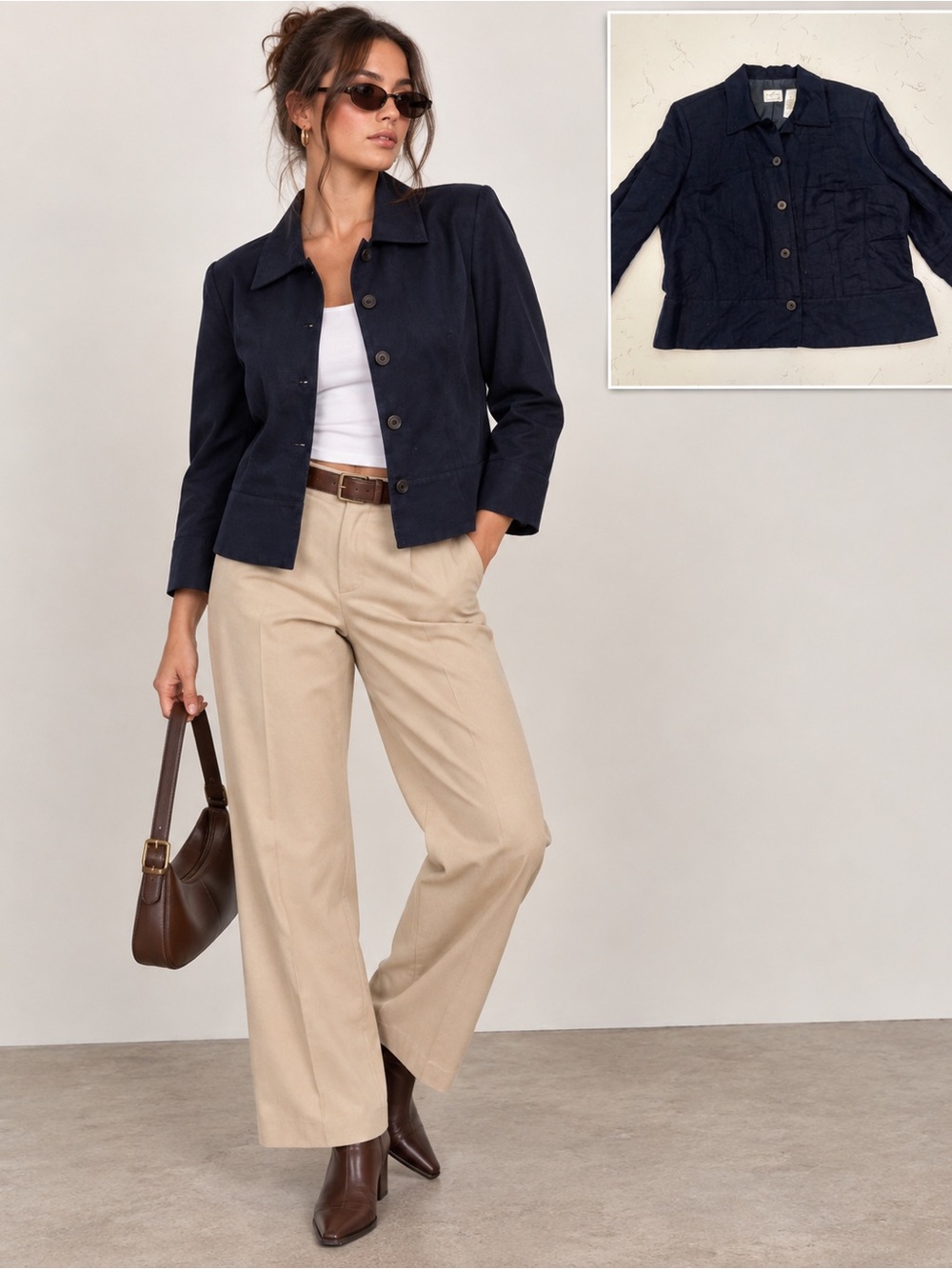 Vintage Y2K Emma James Liz Claiborne Navy Linen Blend Jacket Preppy Coastal